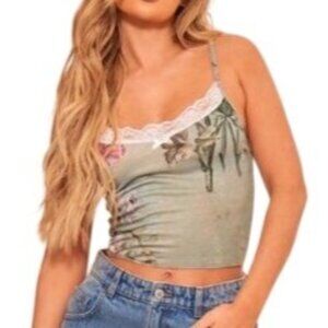 Pretty Little Thing Floral Camisole Lace Trim Size 12 Tank Top Green New